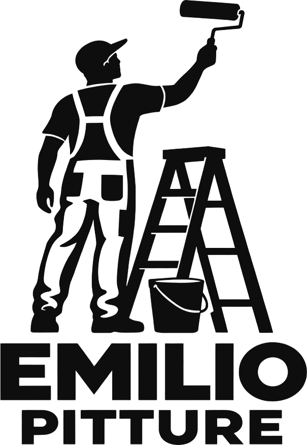 Logo Emilio Pitture: imbianchino con rullo accanto a una scala e a un secchio di pittura